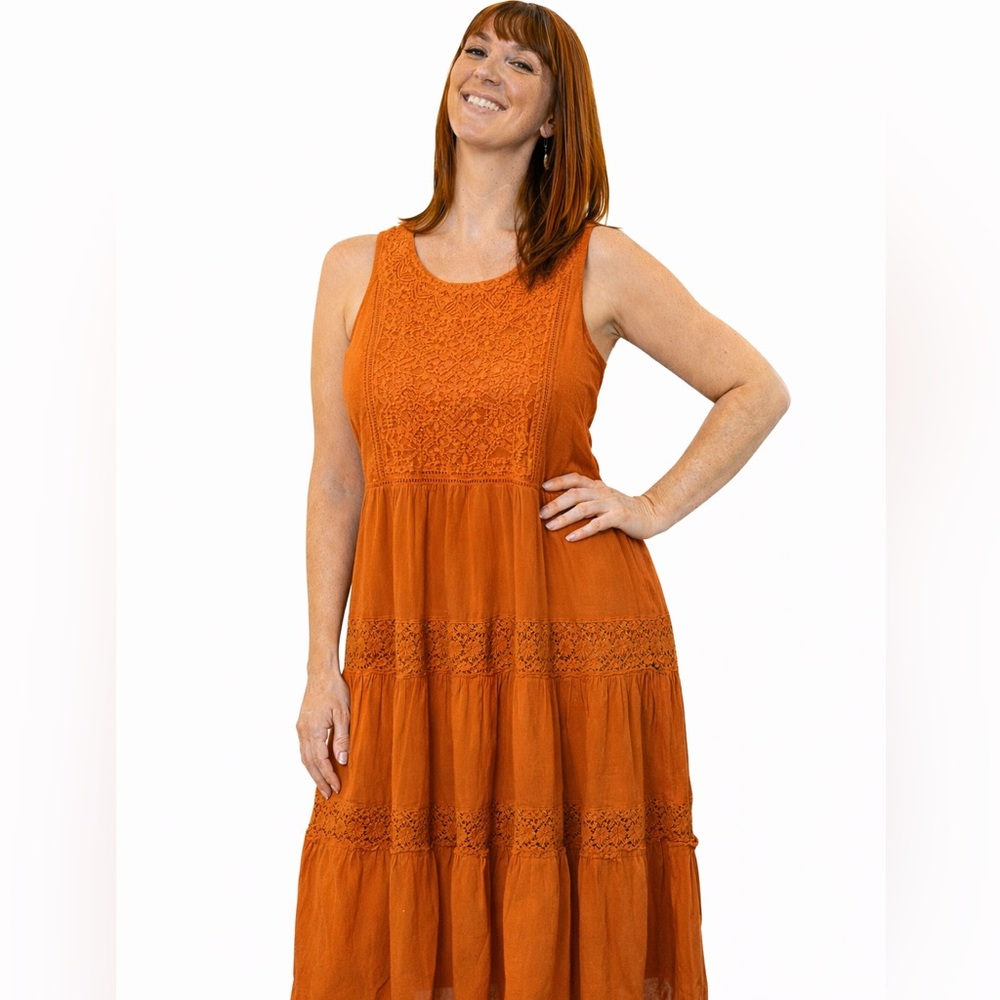 Sundance Spring Boho Lace Tiered Midi Dress 2-Piece Orange Size PM‎